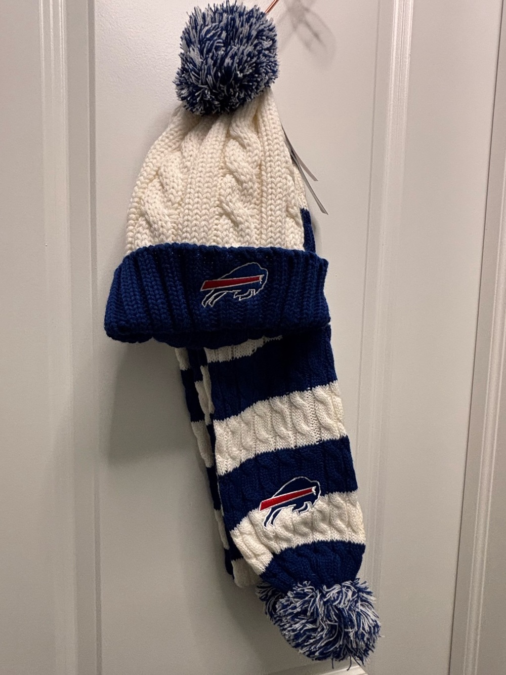 Kids Blue & White Team Pom Pom Hat and Scarf Set